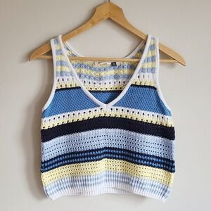 Retro Blue Yellow Striped Knit Sweater Vest Sleeveless V-Neck Top Medium